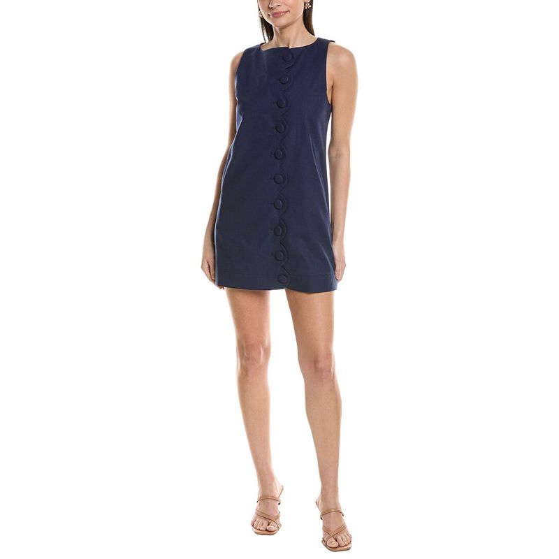 Jl Luxe Womens Scallop Placket Linen-Blend Shift Dress, Navy